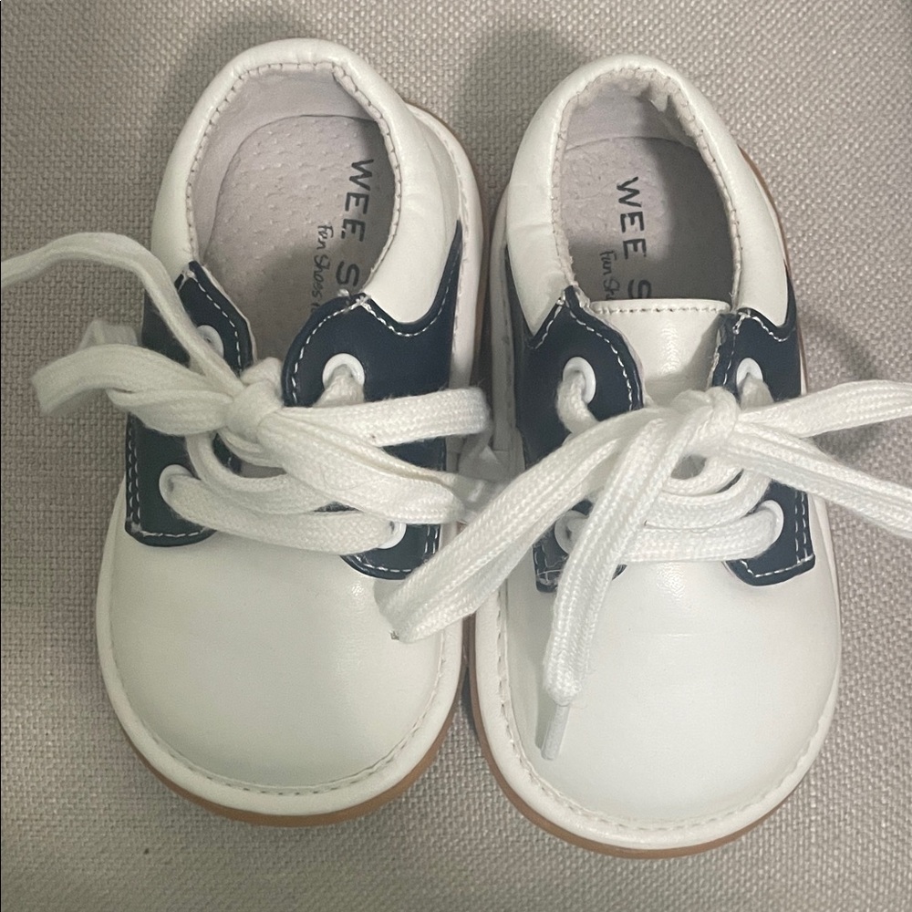 Wee S... White and Navy Baby Lace-Up Walkers
